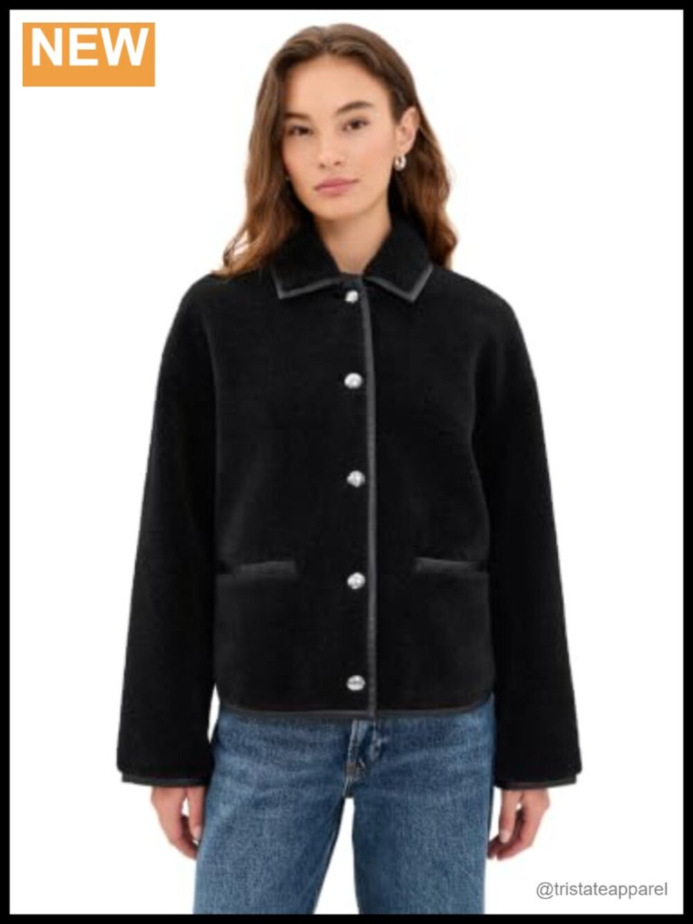 Mid-Weight Sherpa Jacket with Faux Leather Trim, Button Placket